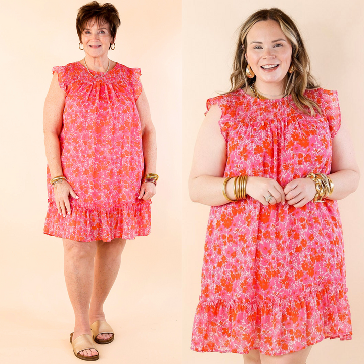 New To The Scene Floral Dress with Ruffle Cap Sleeves in Red and Pink
