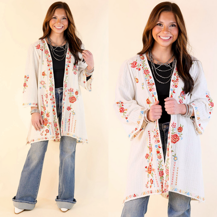 Enchanting Escapes Floral Embroidered 3/4 Sleeve Kimono in Ivory