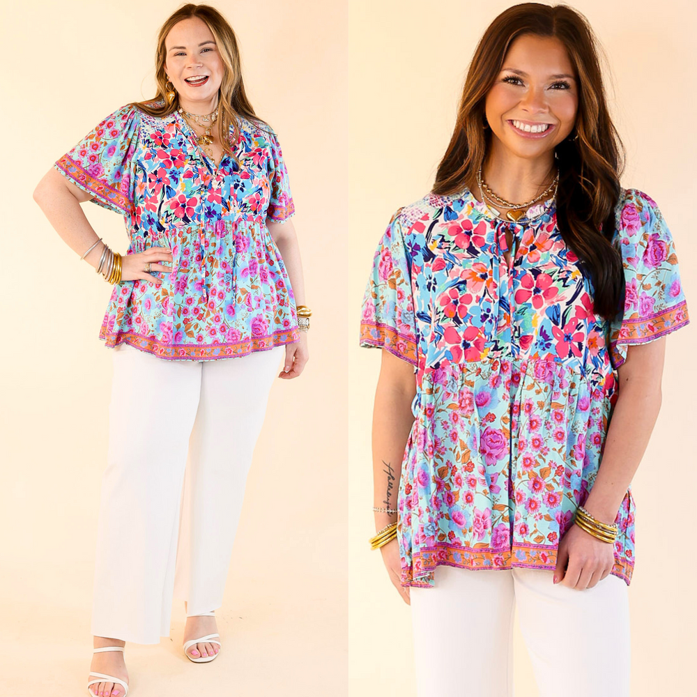 Multicolored Print Babydoll Top with Floral Embroidery