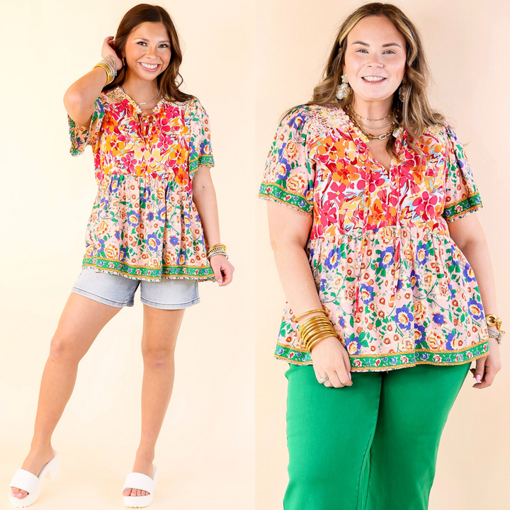 Tulip Fields Floral Print Babydoll Top in Pink Mix