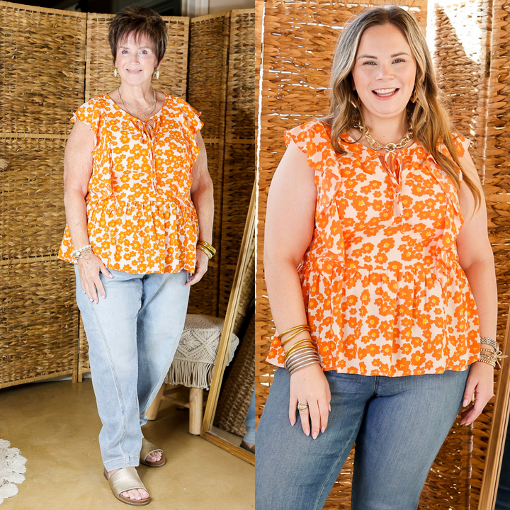 Picking Petals Floral Babydoll Top with Front Keyhole in Orange