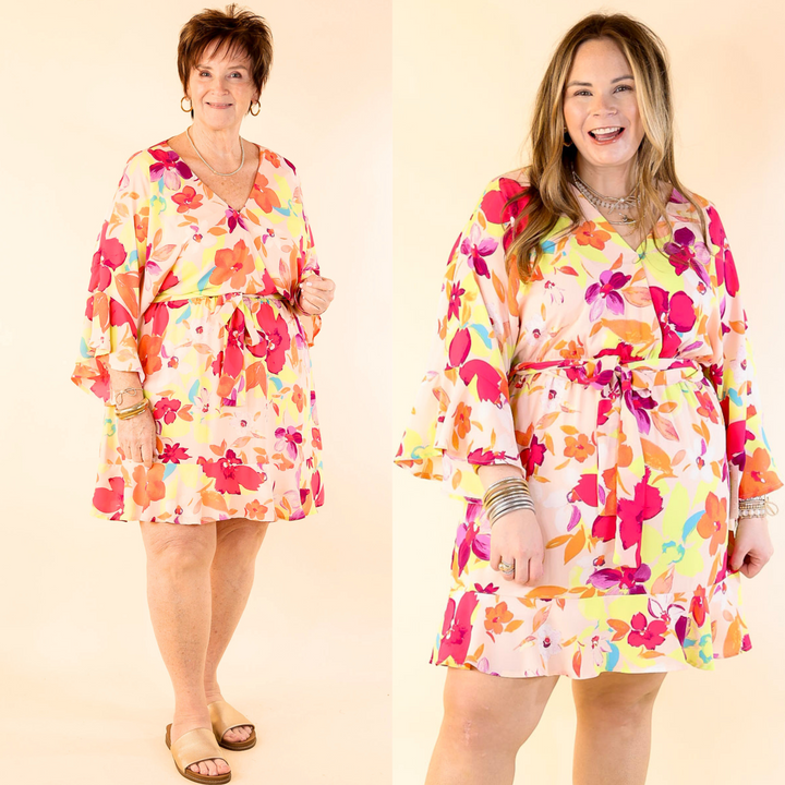 Super Chic Floral Ruffle Sleeve V Neck Dress with Waist Tie in Blush Pink