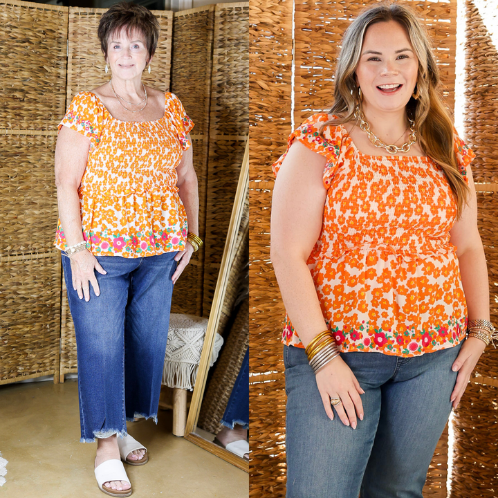 Blossom Boulevard Smocked Floral Peplum Top with Floral Embroidery in Orange