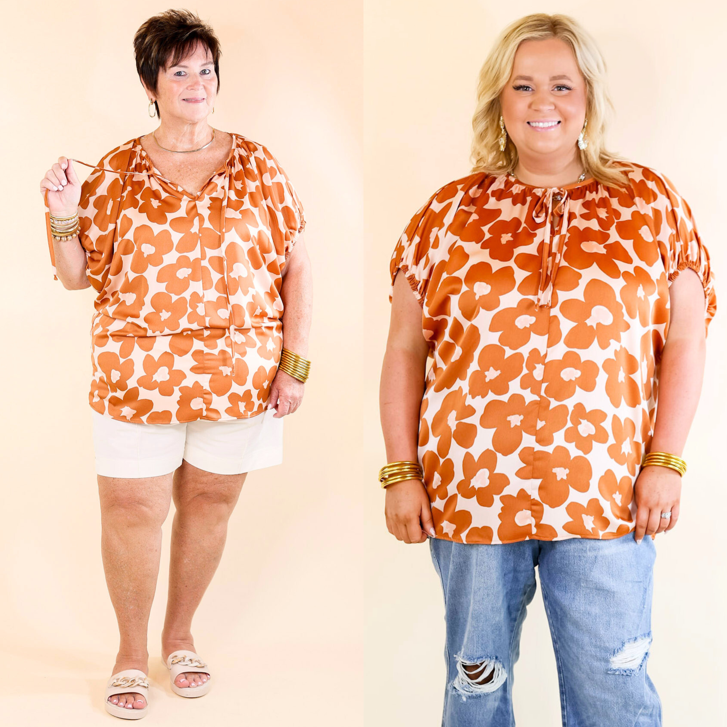 Counting Kisses Short Sleeve Floral Top with Keyhole in Copper