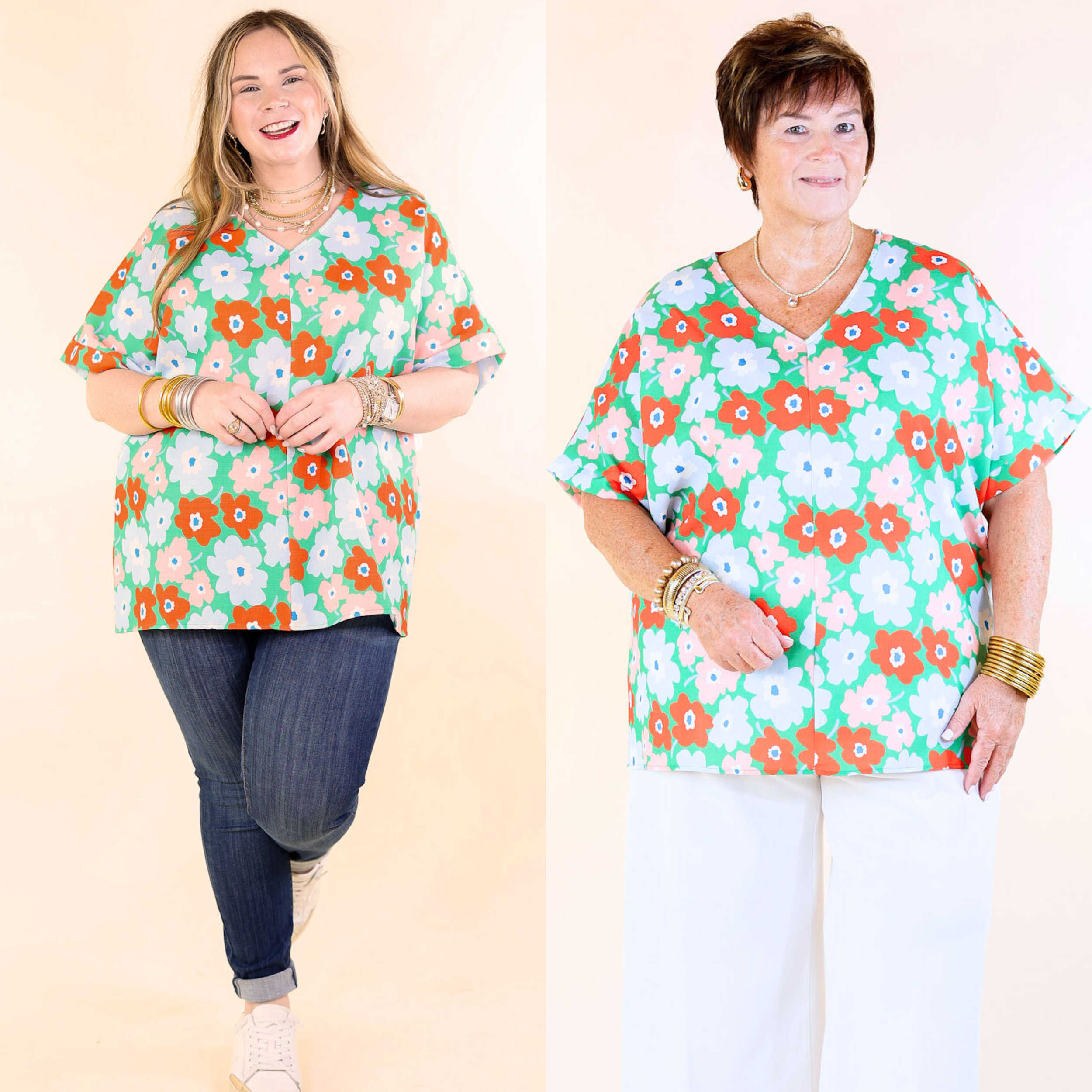 Sunny Refresh Floral V Neck Top in Green Mix