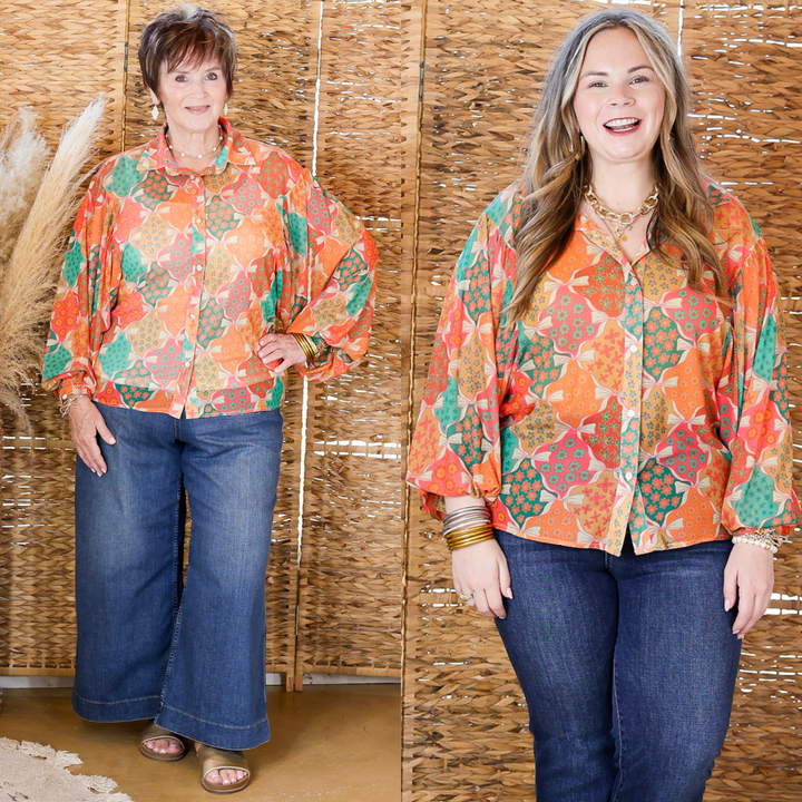 Petals and Pizzazz Multicolor Button Up Collared Mesh Top with Long Balloon Sleeves