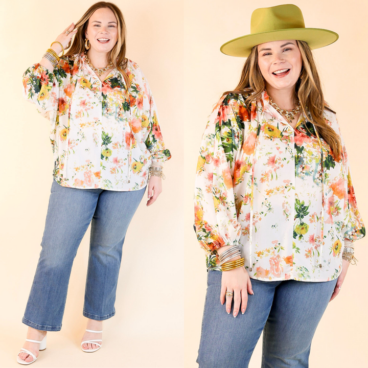 Hampton Hideout Floral Blouse with Keyhole and Tie Neckline in Off White