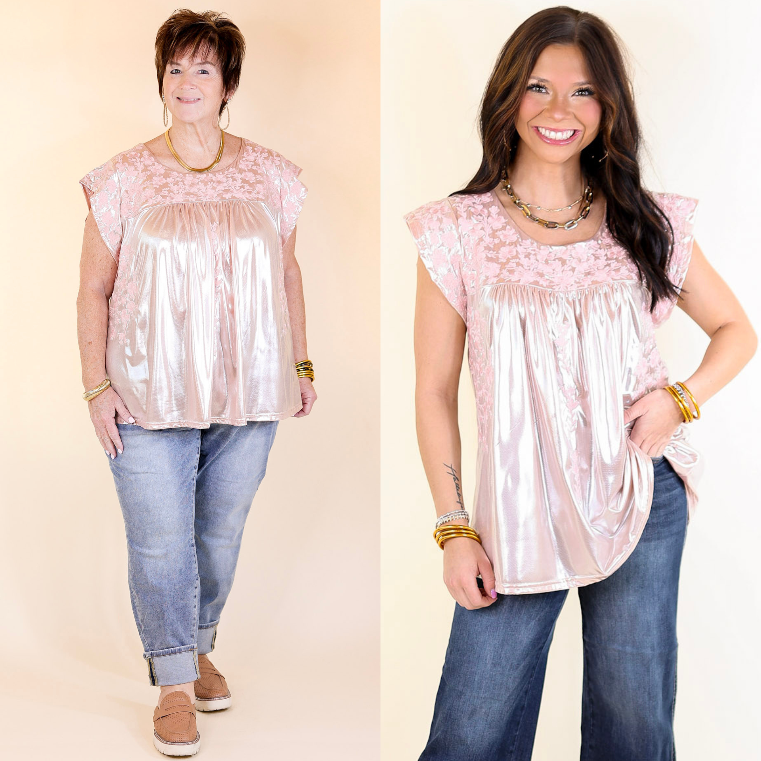 The Thrill Of It Floral Embroidered Metallic Top in Blush Pink