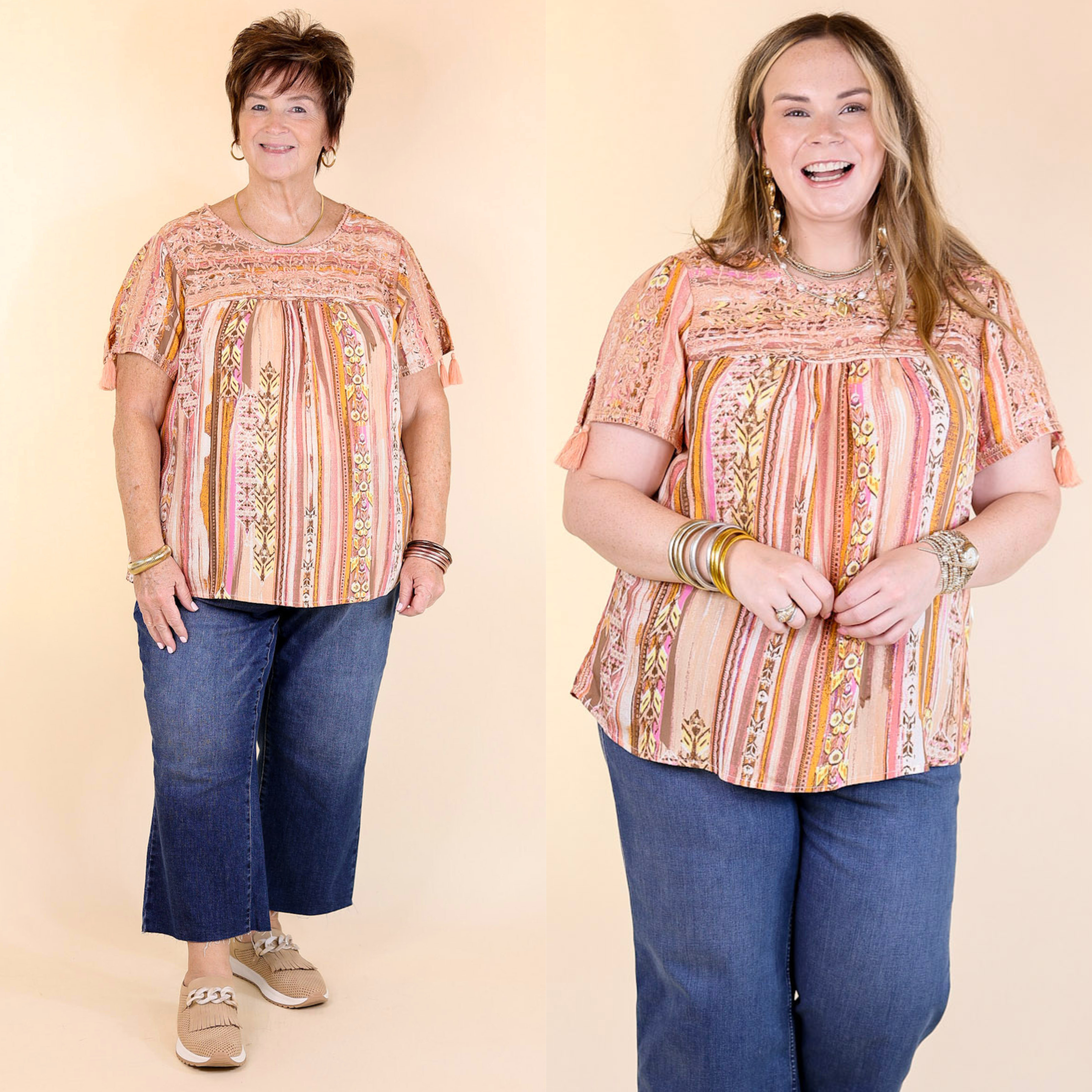 Sweet And Charming Striped Top with Floral Print Embroidery in Dusty Pink Mix