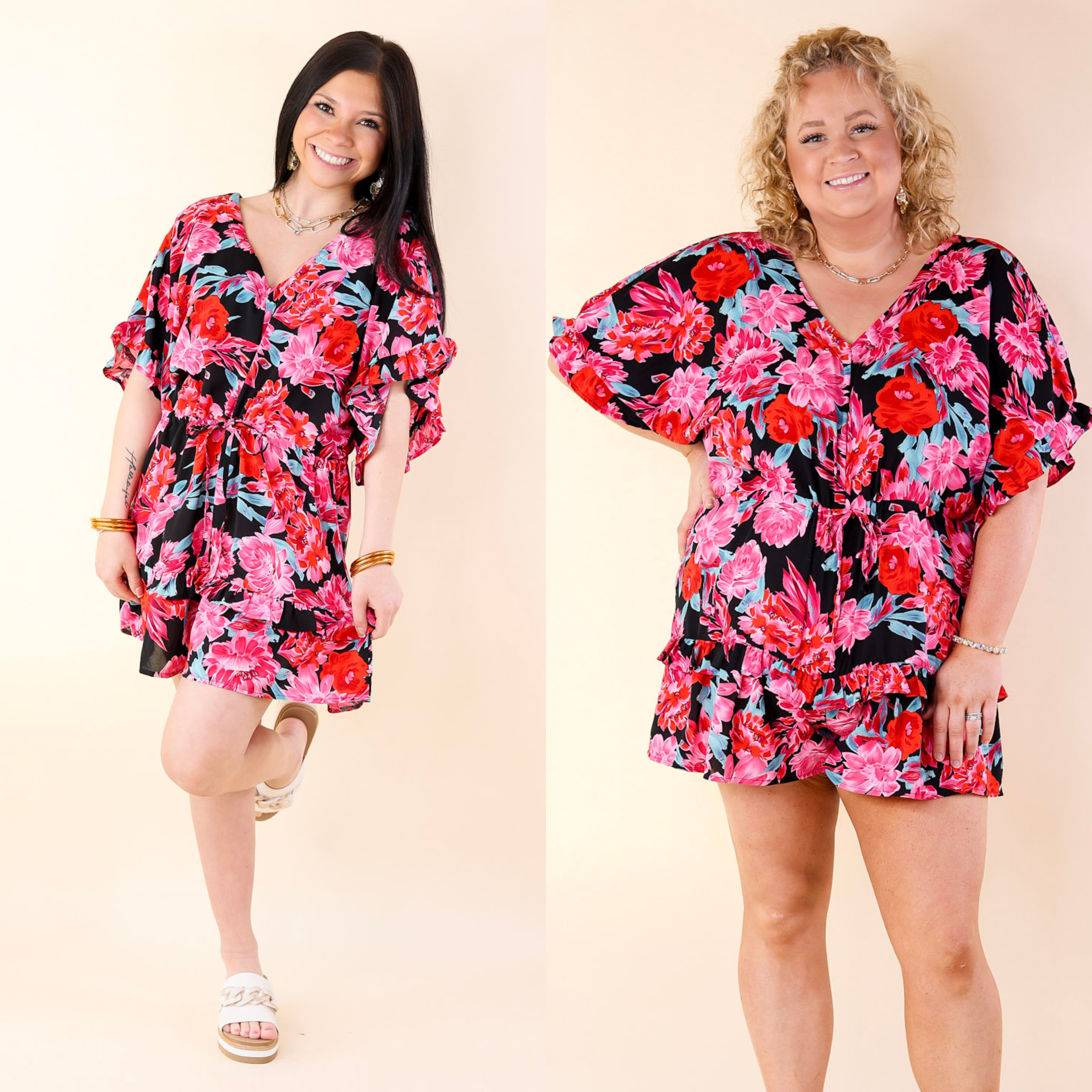 Sending Good Luck Floral Print Drawstring Romper in Black - Giddy Up Glamour Boutique