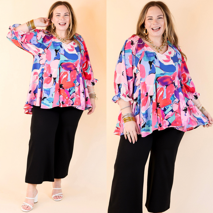 Blooming Love Floral V Neck Top with Half Sleeves in Pink Mix