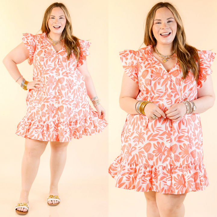 Sweet Escape Floral Print Dress with Ruffle Cap Sleeves in Coral Orange