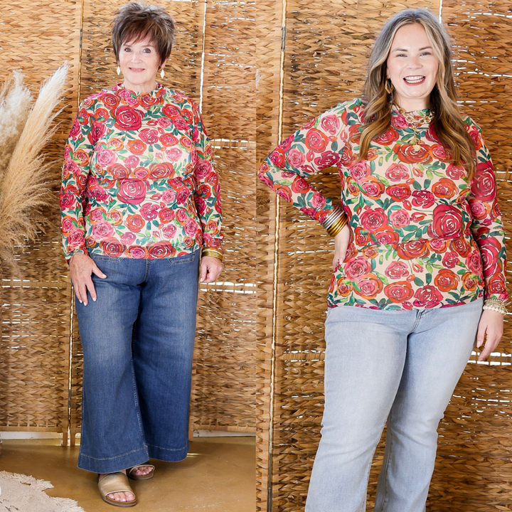 Sheer Confidence Floral Print Mesh Long Sleeve Top