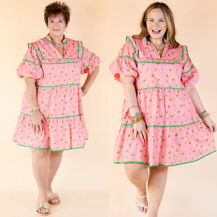 Pretty Please Floral Print Tiered Babydoll Dress in Pink