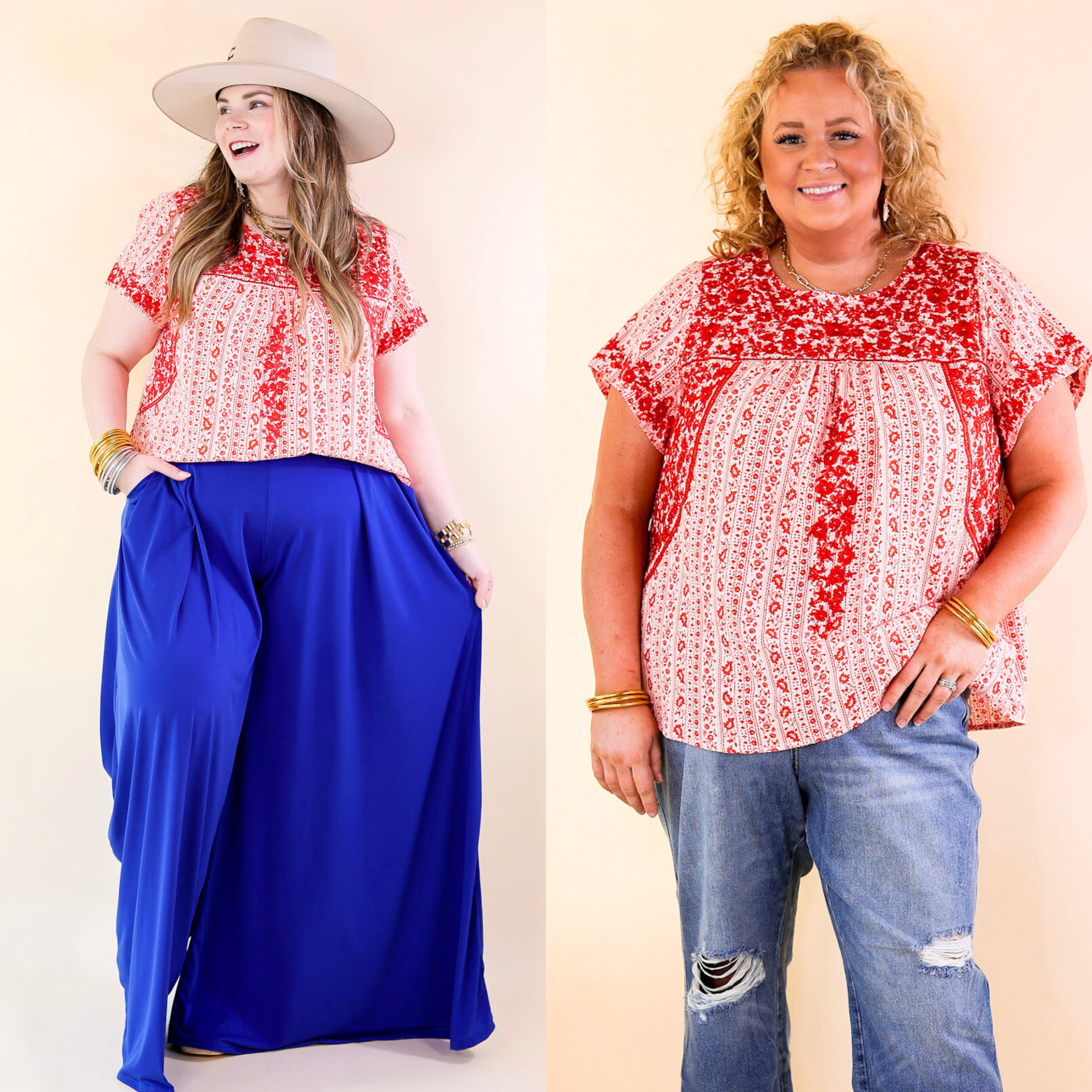 Sunny Day Floral Print Top with Red Floral Embroidery in Off White - Giddy Up Glamour Boutique
