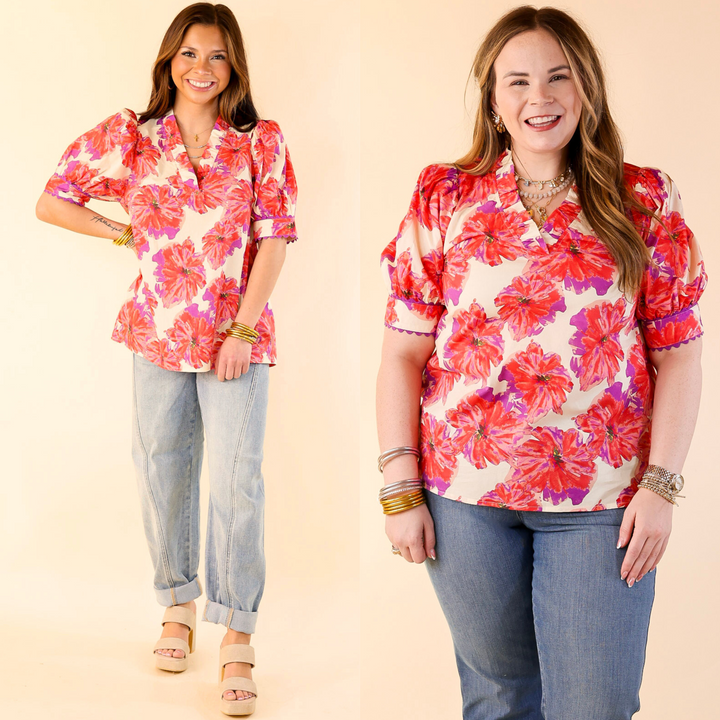 Perfectly Posh Purple and Red Floral Print Top with Short Puff Sleeves in Ivory
