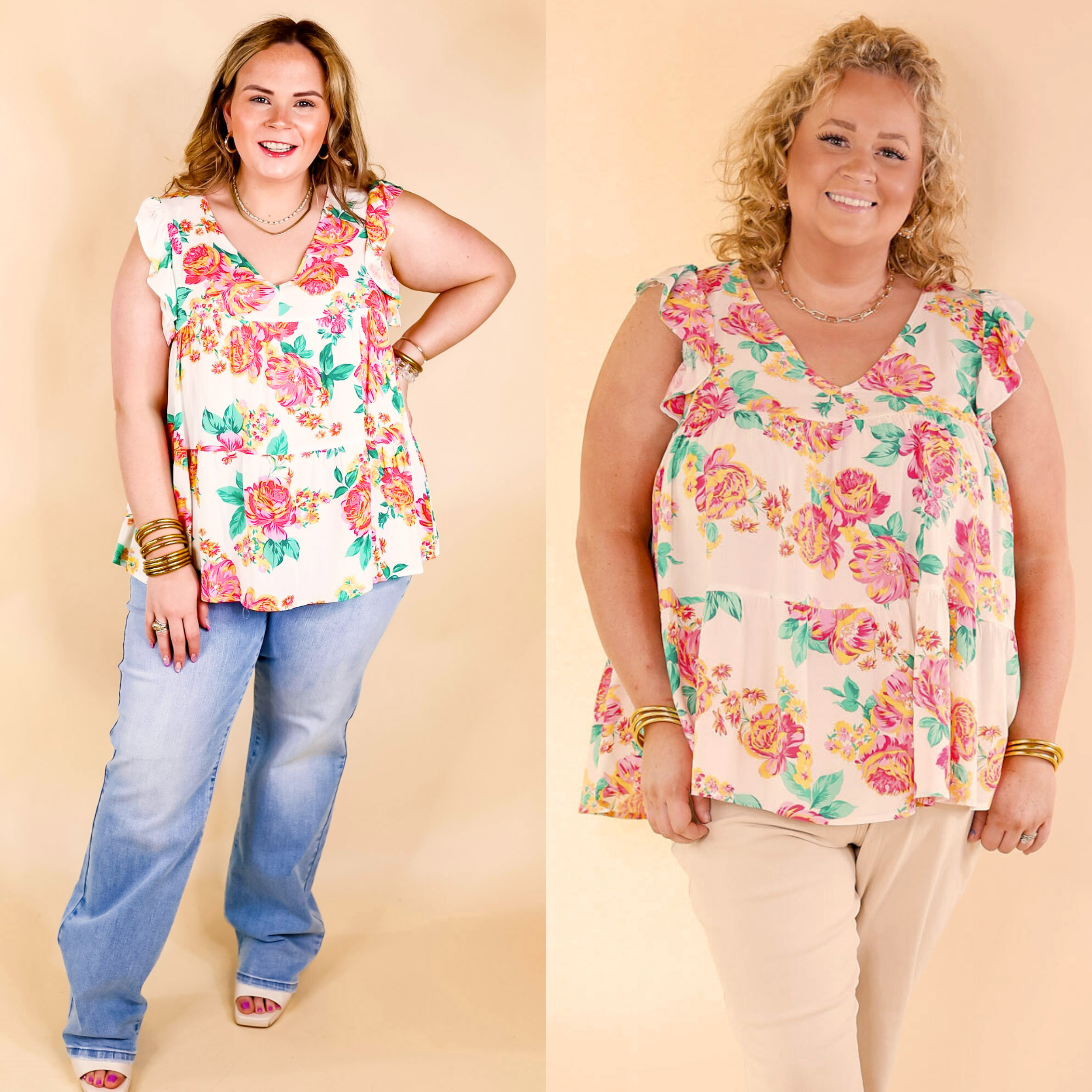 Inspiring Sights Floral V Neck Top with Ruffle Cap Sleeves in White - Giddy Up Glamour Boutique
