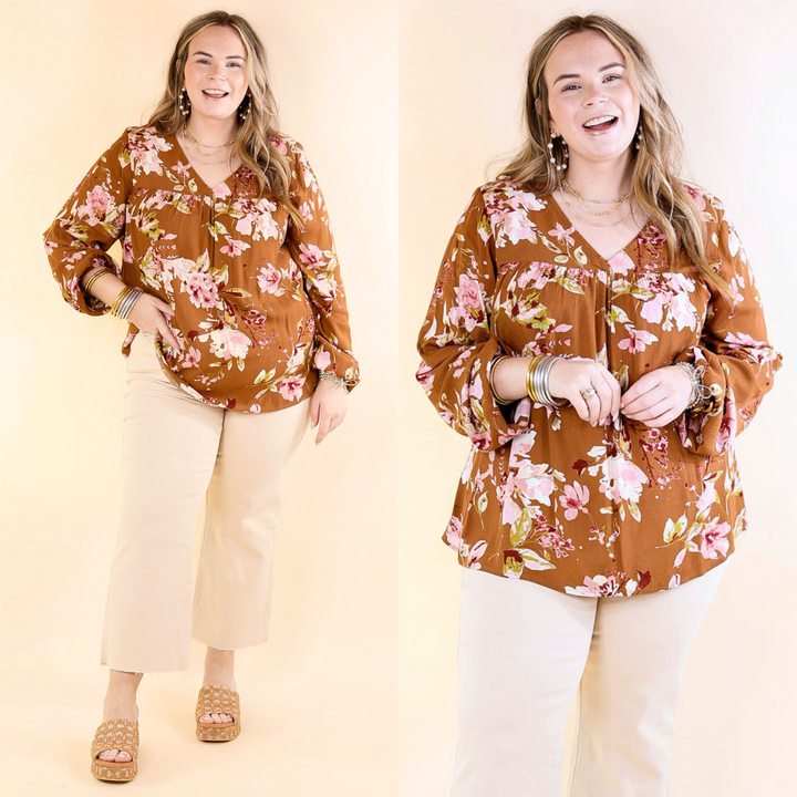 Last Chance Size Small, Medium | Fall In The City Floral V Neck Top with Long Sleeves in Camel Brown