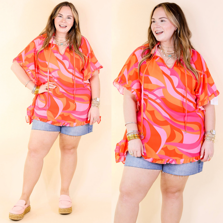 Fun and Free Flowy Top with Ruffle Trim in Orange Mix