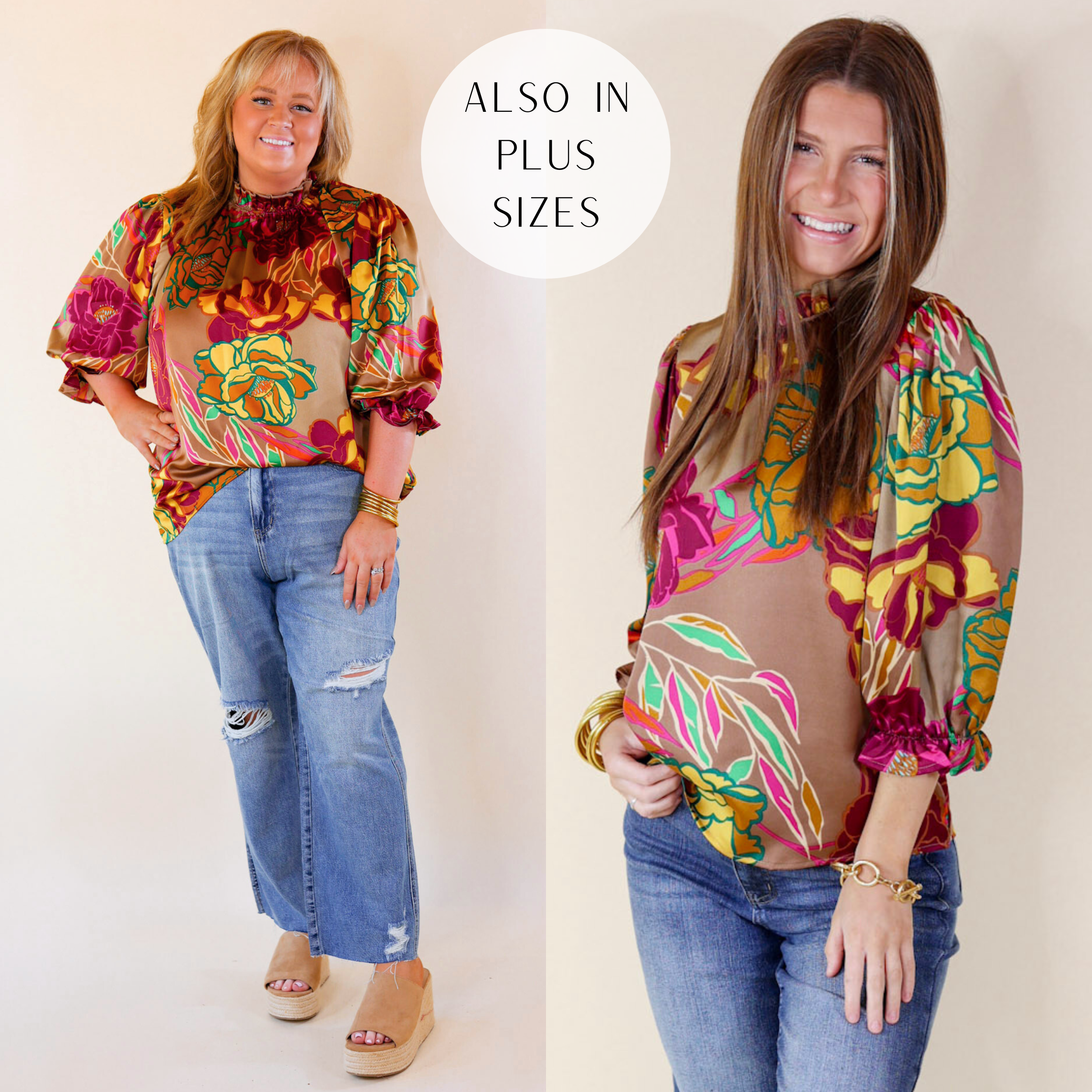 Modes are wearing a mocha long sleeve floral shirt. Small model has it paired with Judy Blue jeans, white booties, and gold jewelry. Plus size model has it paired with tan sandals, light washed jeans, and gold jewelry. 