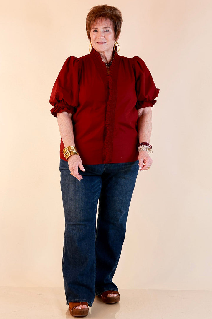 For Good Measure Smocked Ruffle Placket Puff Sleeve Button Up Top in Maroon