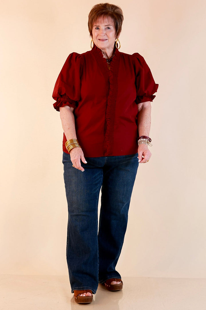 For Good Measure Smocked Ruffle Placket Puff Sleeve Button Up Top in Maroon