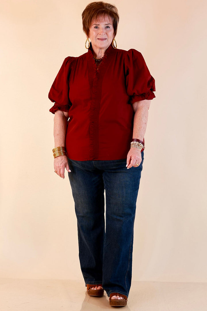 For Good Measure Smocked Ruffle Placket Puff Sleeve Button Up Top in Maroon