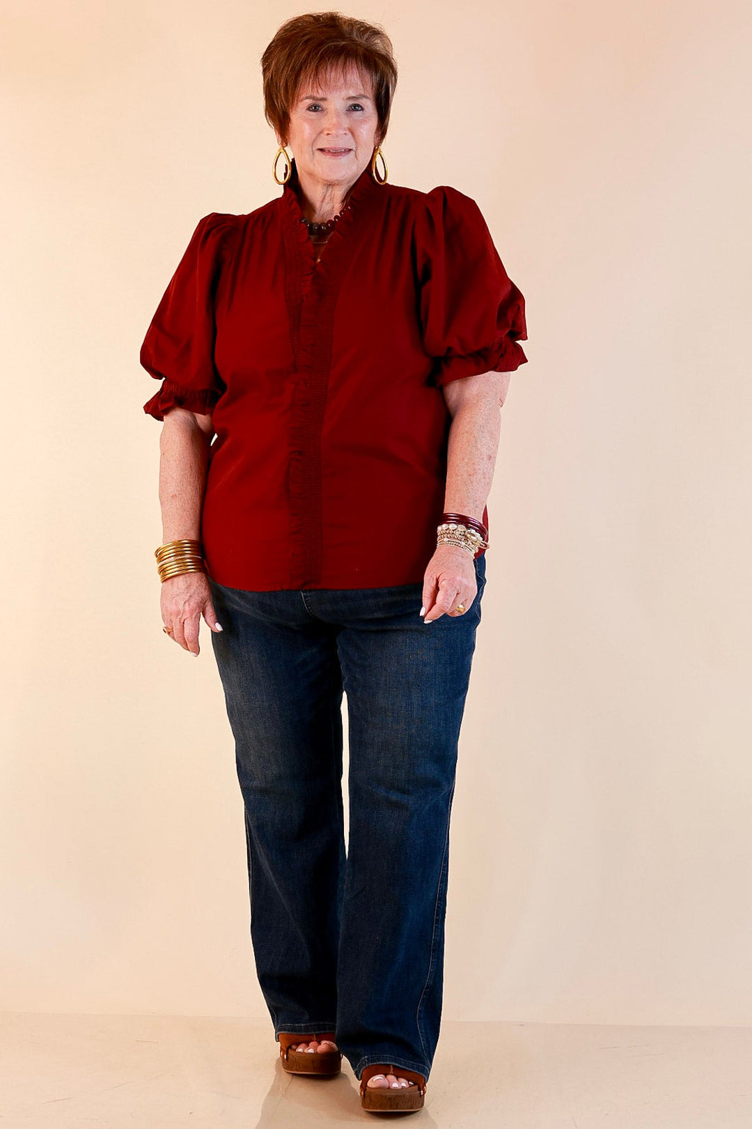 For Good Measure Smocked Ruffle Placket Puff Sleeve Button Up Top in Maroon