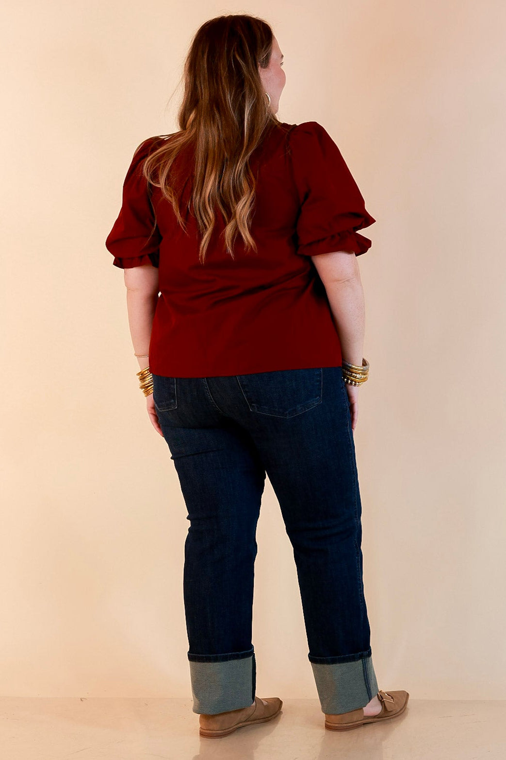 For Good Measure Smocked Ruffle Placket Puff Sleeve Button Up Top in Maroon