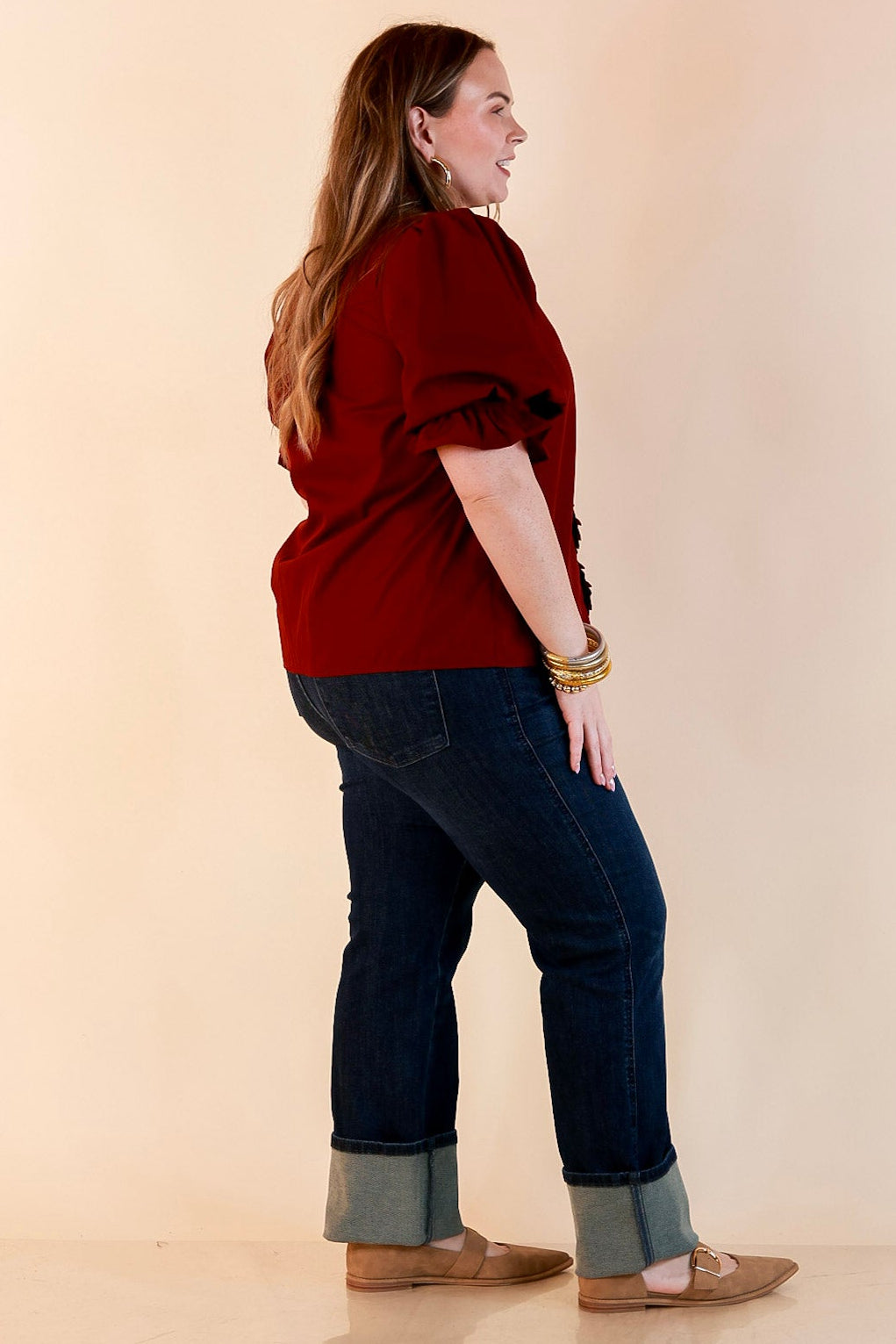 For Good Measure Smocked Ruffle Placket Puff Sleeve Button Up Top in Maroon