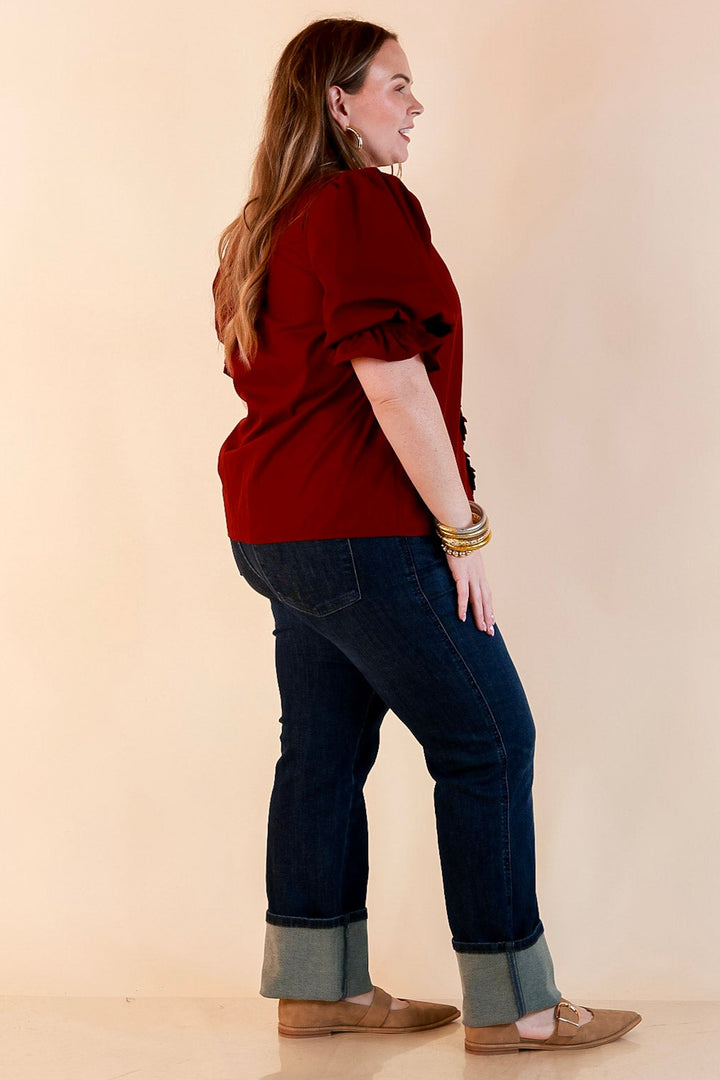 For Good Measure Smocked Ruffle Placket Puff Sleeve Button Up Top in Maroon