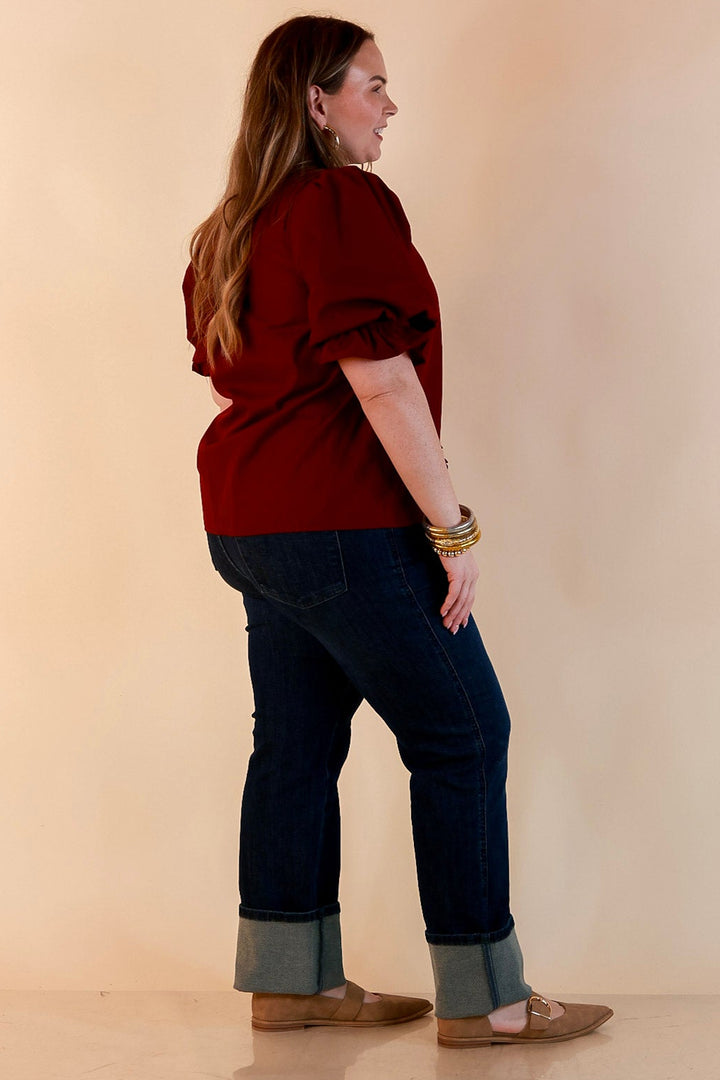 For Good Measure Smocked Ruffle Placket Puff Sleeve Button Up Top in Maroon