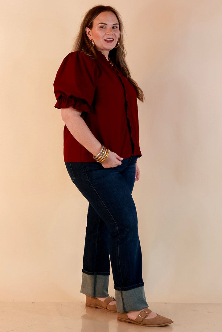 For Good Measure Smocked Ruffle Placket Puff Sleeve Button Up Top in Maroon