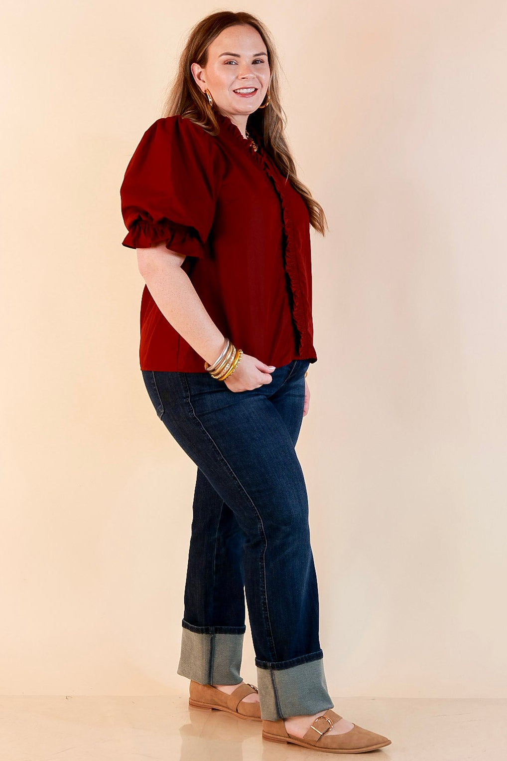 For Good Measure Smocked Ruffle Placket Puff Sleeve Button Up Top in Maroon