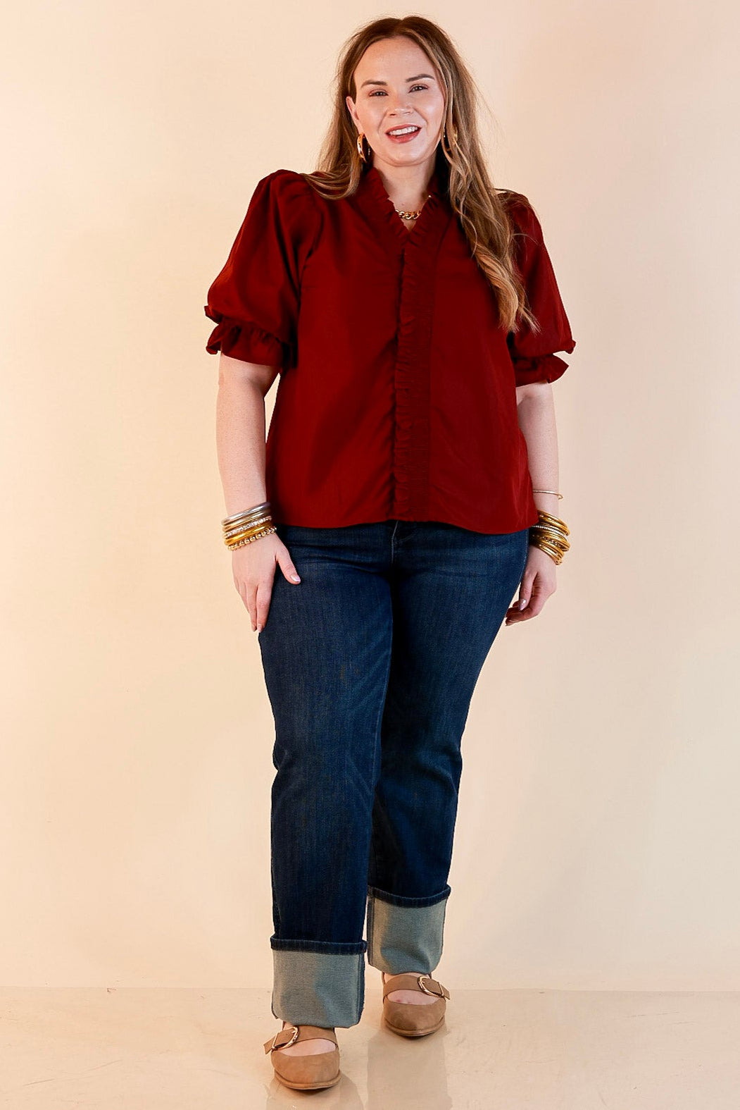 For Good Measure Smocked Ruffle Placket Puff Sleeve Button Up Top in Maroon