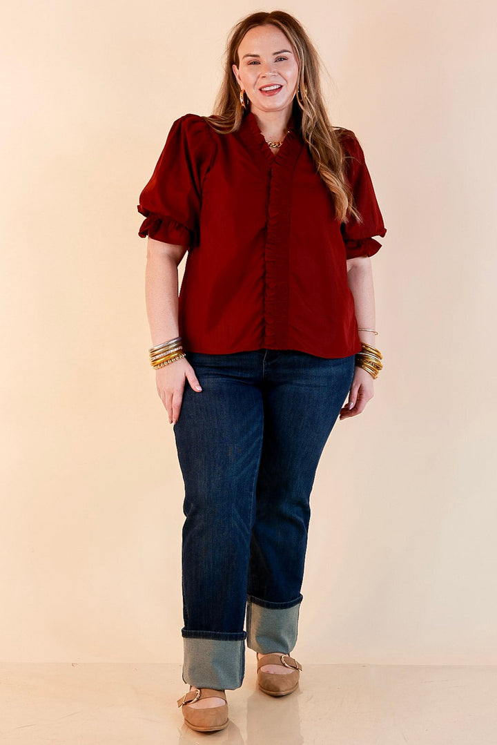 For Good Measure Smocked Ruffle Placket Puff Sleeve Button Up Top in Maroon