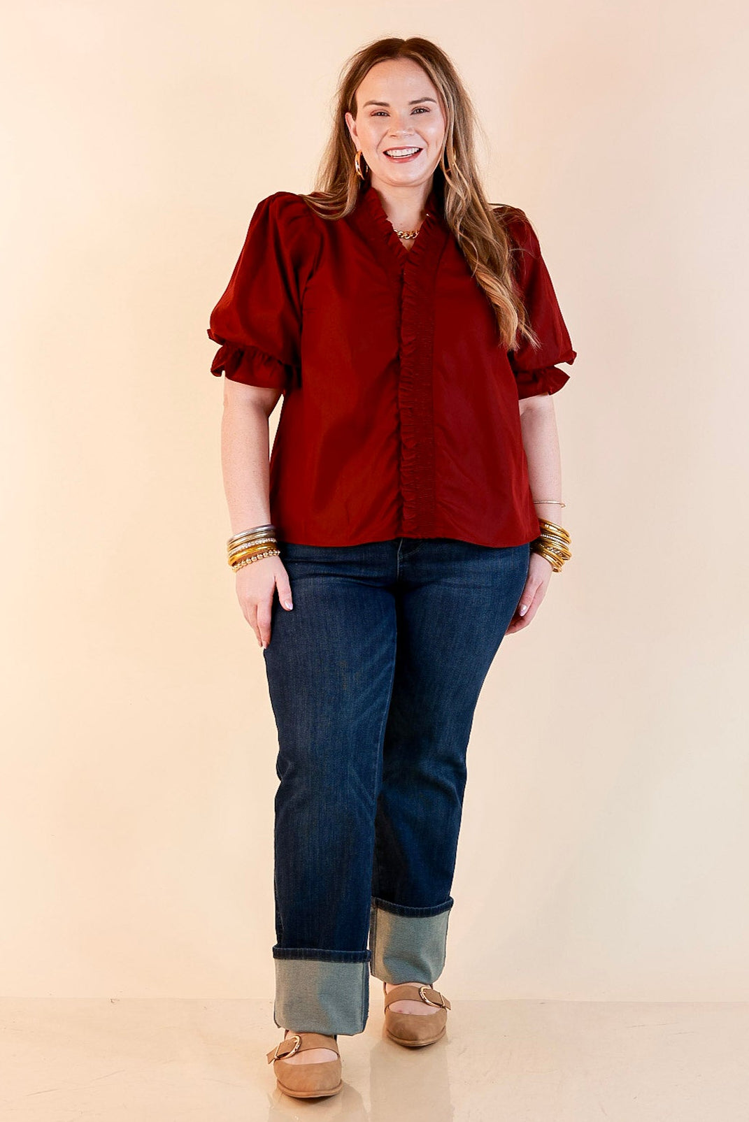 For Good Measure Smocked Ruffle Placket Puff Sleeve Button Up Top in Maroon