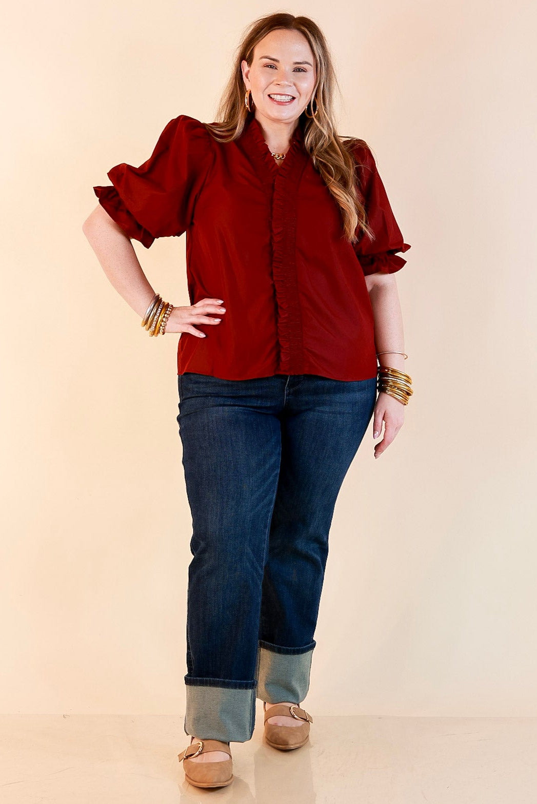 For Good Measure Smocked Ruffle Placket Puff Sleeve Button Up Top in Maroon