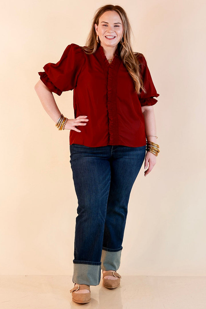 For Good Measure Smocked Ruffle Placket Puff Sleeve Button Up Top in Maroon