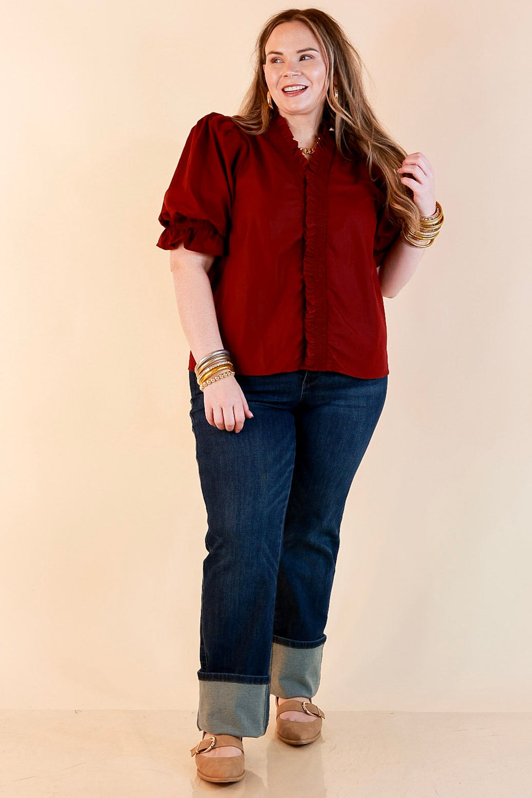 For Good Measure Smocked Ruffle Placket Puff Sleeve Button Up Top in Maroon