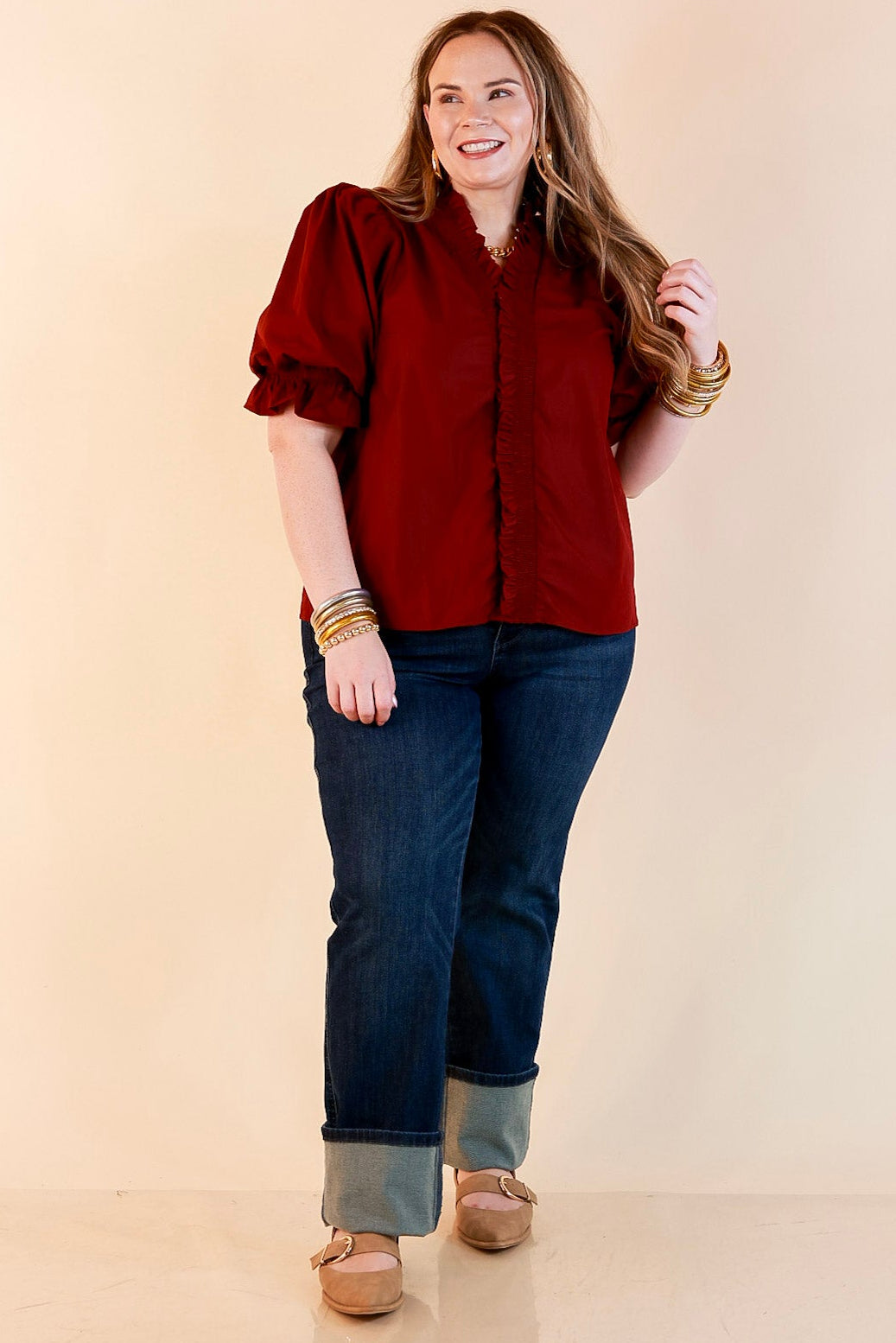 For Good Measure Smocked Ruffle Placket Puff Sleeve Button Up Top in Maroon