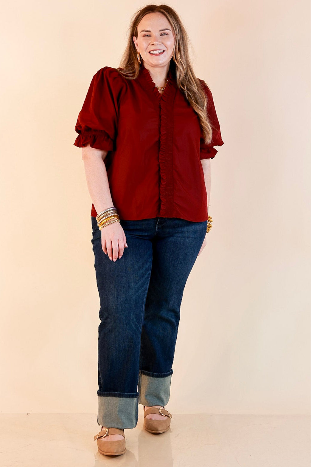 For Good Measure Smocked Ruffle Placket Puff Sleeve Button Up Top in Maroon