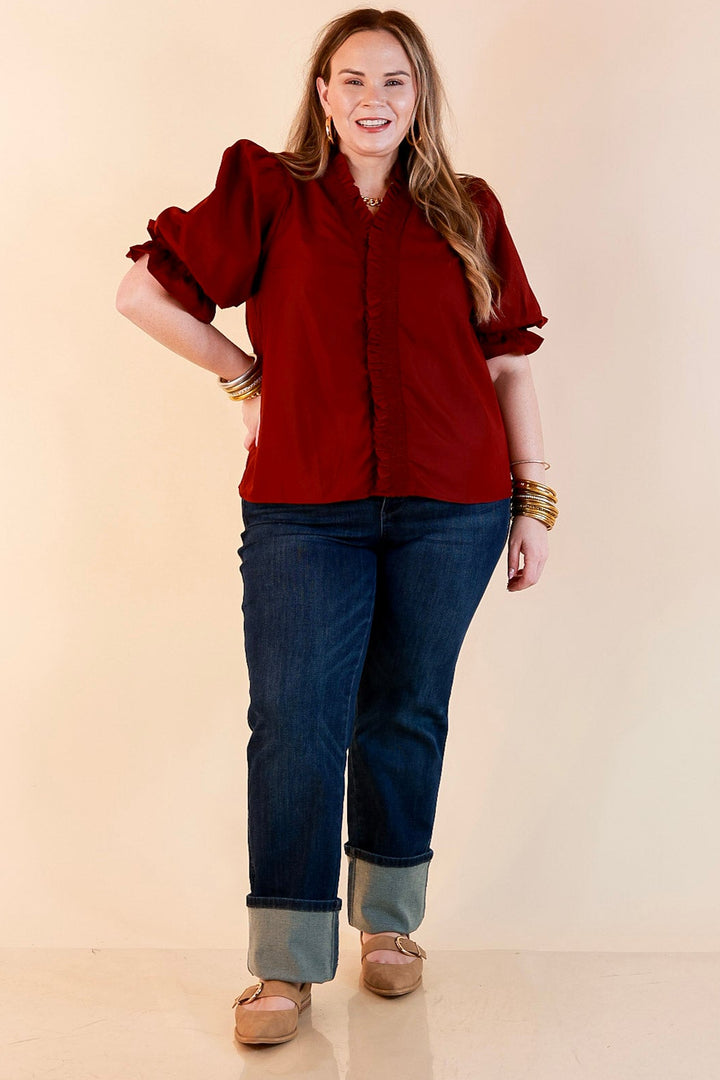 For Good Measure Smocked Ruffle Placket Puff Sleeve Button Up Top in Maroon