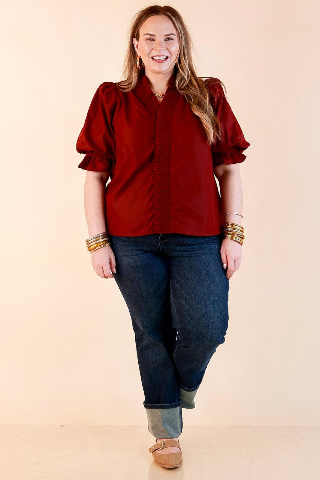 For Good Measure Smocked Ruffle Placket Puff Sleeve Button Up Top in Maroon