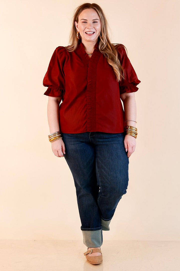 For Good Measure Smocked Ruffle Placket Puff Sleeve Button Up Top in Maroon
