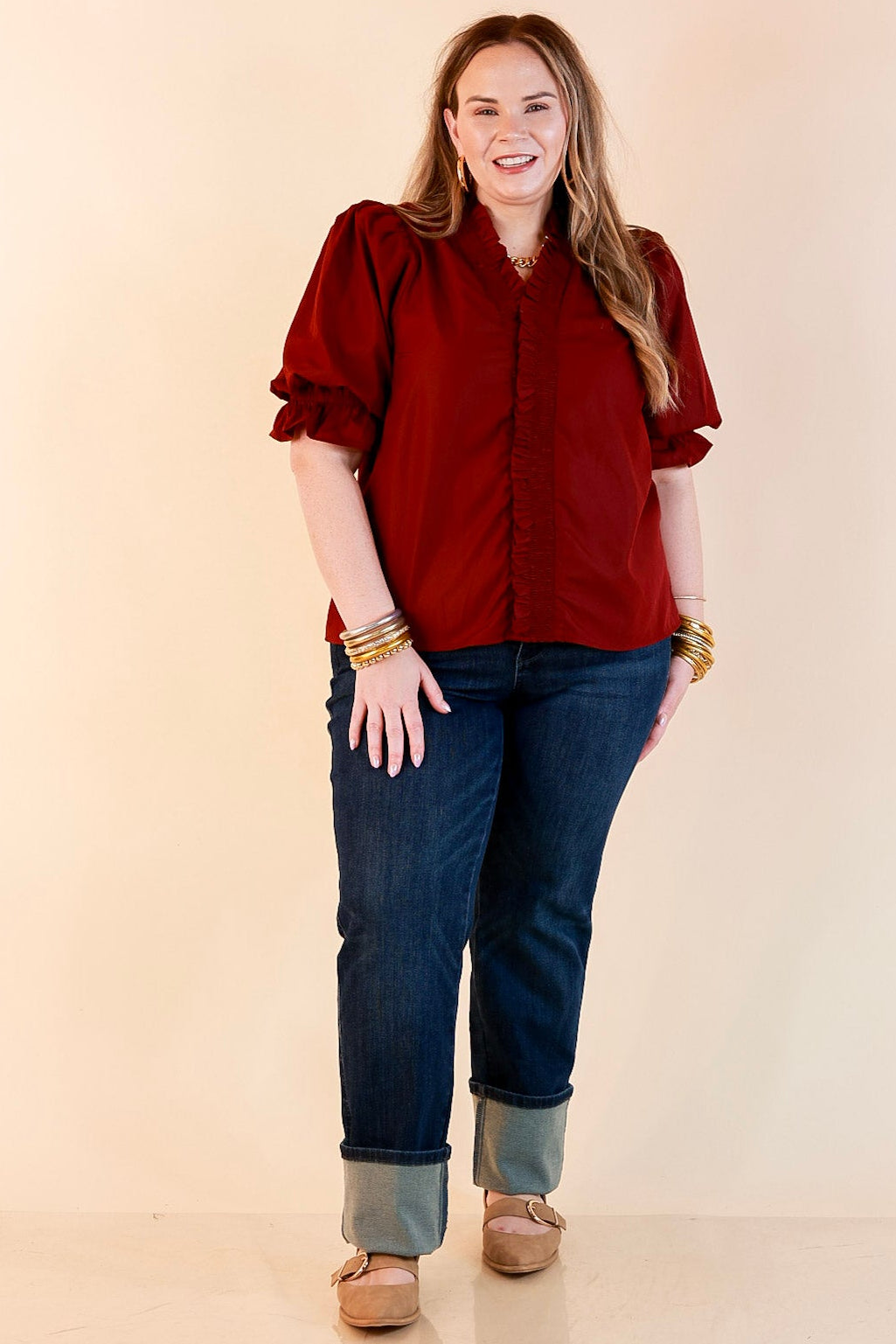 For Good Measure Smocked Ruffle Placket Puff Sleeve Button Up Top in Maroon