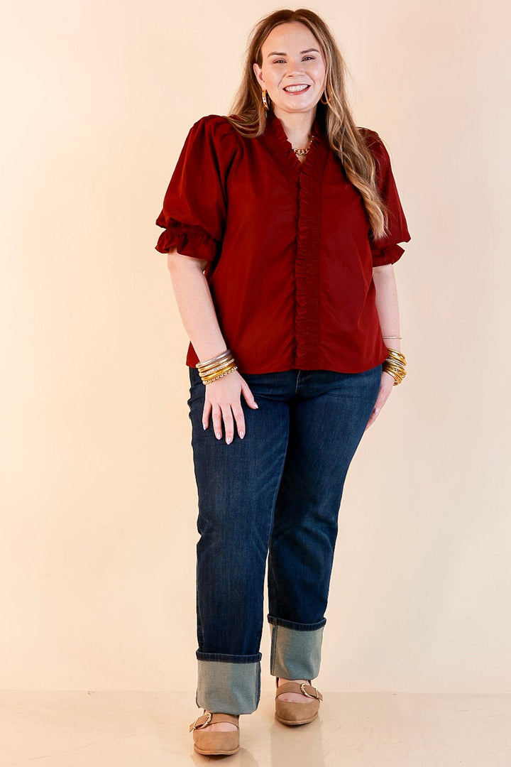 For Good Measure Smocked Ruffle Placket Puff Sleeve Button Up Top in Maroon