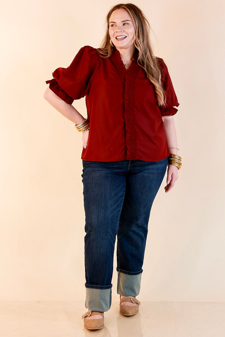 For Good Measure Smocked Ruffle Placket Puff Sleeve Button Up Top in Maroon