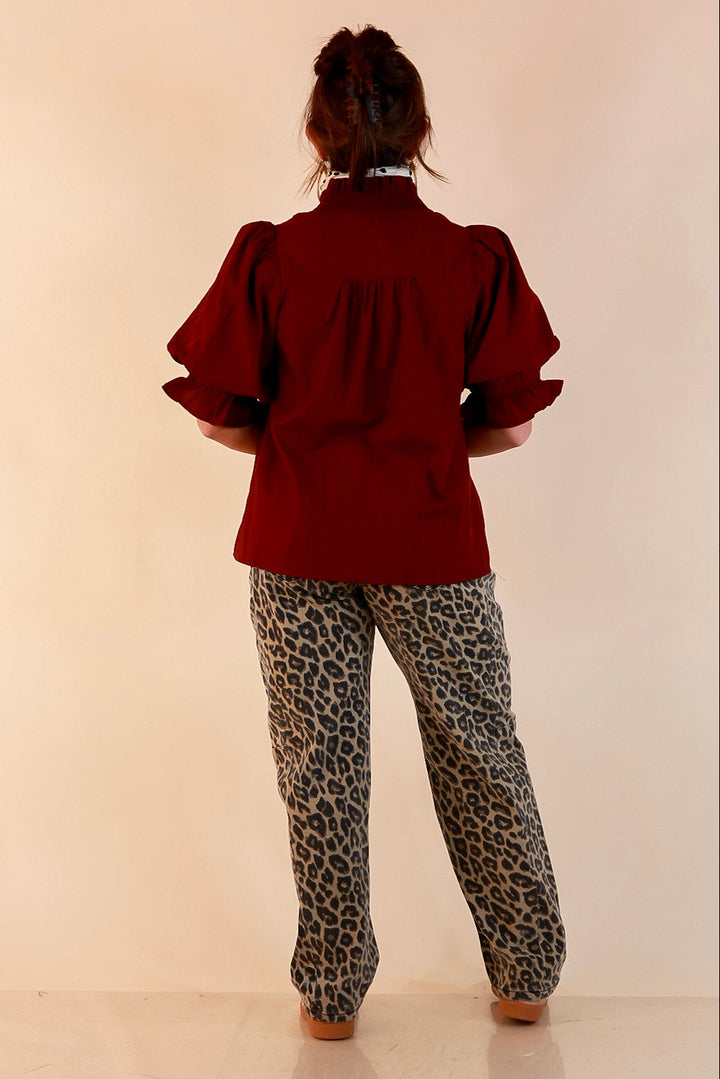 For Good Measure Smocked Ruffle Placket Puff Sleeve Button Up Top in Maroon