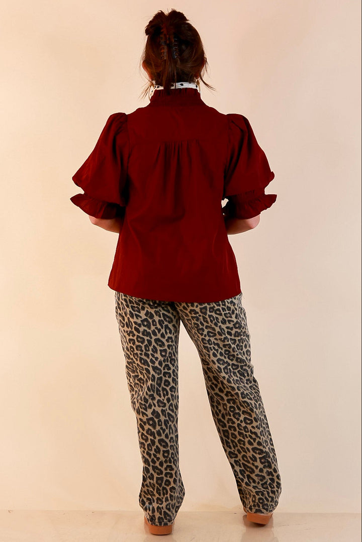 For Good Measure Smocked Ruffle Placket Puff Sleeve Button Up Top in Maroon